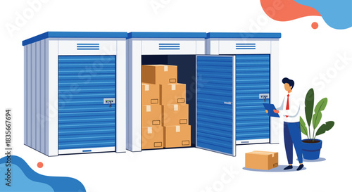Man checking a list while standing by an open self-storage unit filled with neatly stacked cardboard boxes for organization.