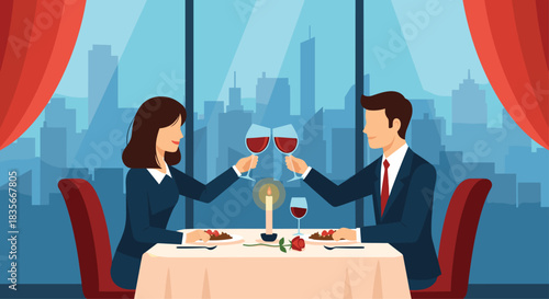 Romantic couple in a fancy restaurant on a date, toasting with glasses of red wine by candlelight with a city view at night.