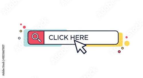 Colorful 'Click Here' search bar button with a mouse cursor pointer, representing a call to action for website navigation.