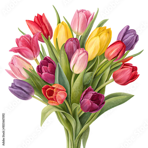 Wallpaper Mural A vibrant bouquet of colorful tulips with green leaves against a black background illustration Torontodigital.ca