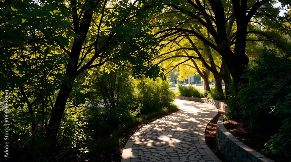 Fototapeta premium Sunlit path through a park with trees casting shadows on the stone walkway and lush greenery abounding