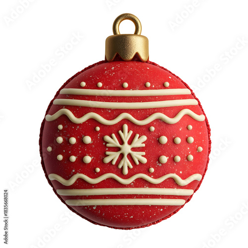 ultra realistic Christmas macaron cookie shaped like a bauble vibrant red round macaron with slightly textured surface decorated with white icing dots zigzag lines and a small snowflak