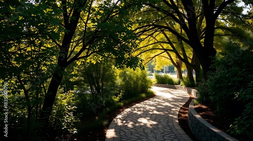 Fototapeta Naklejka Na Ścianę i Meble -  Sunlit path through a park with trees casting shadows on the stone walkway and lush greenery abounding