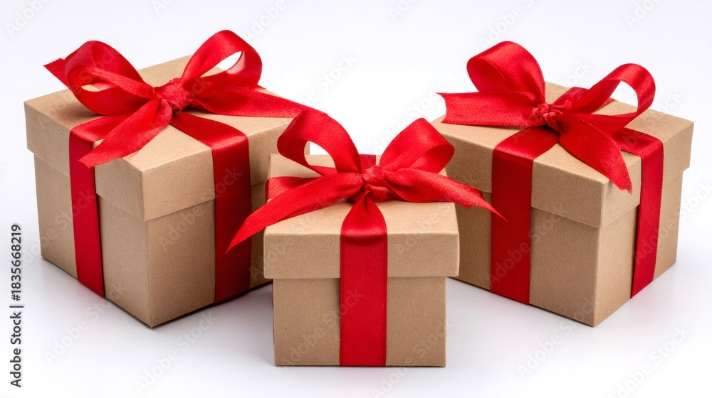 Obraz premium Three craft gift boxes with red ribbon bows