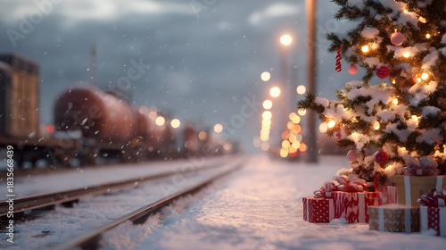 Wallpaper Mural Christmas tree branches with gifts on snowy railway yard, tracks and cargo trains in background. Blending train cargo and logistics industry with Christmas celebration. Torontodigital.ca