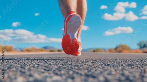 Runner's foot hitting the pavement on an open road, low-angle action shot with bright blue sky, cardio exercise and fitness, physical health