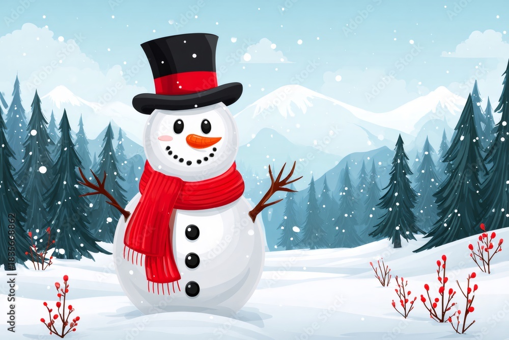 Obraz premium Snowman standing in snowy winter forest landscape