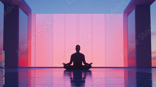 Silhouette of a Person Meditating in Modern Minimalist Space with Pink and Blue Gradient Background, symbolizing mindfulness and inner peace