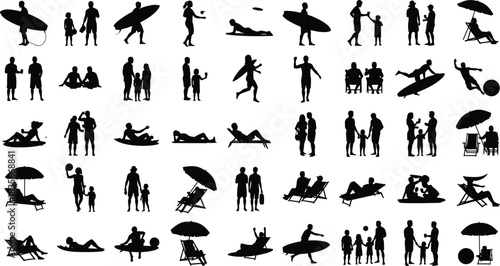 Beach activity silhouette collection of families, couples, and surfers relaxing, playing, and exercising outdoors, summer vacation vector illustration set