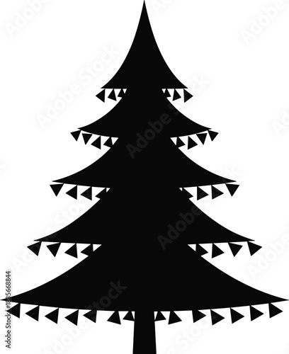 Black Christmas tree silhouette decorated with layered triangular garlands, festive holiday design for winter celebration artwork, seasonal decoration vector illustration element