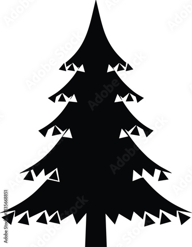 Black Christmas tree silhouette decorated with triangular ornaments, festive holiday design element for seasonal artwork, winter celebration graphics and modern decoration vector