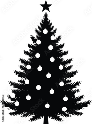 Black Christmas tree silhouette with star and decorative ornaments, festive holiday illustration for seasonal design, winter celebration graphics and decoration themes