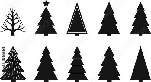 Collection of black Christmas tree silhouettes in various styles, simple festive evergreen icons for holiday design, decoration graphics and seasonal artwork