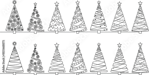 Collection of decorative spiral and patterned Christmas tree line art designs, festive holiday illustrations with stars and ornaments for seasonal winter decoration