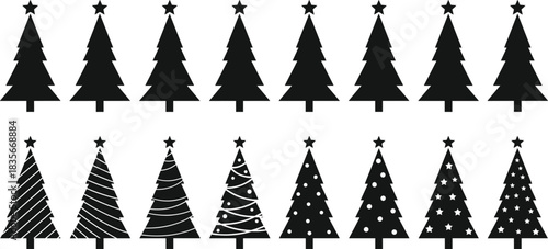 Collection of decorative Christmas tree silhouettes with stars, patterns and ornaments, festive holiday vector icons for seasonal design, winter celebration artwork