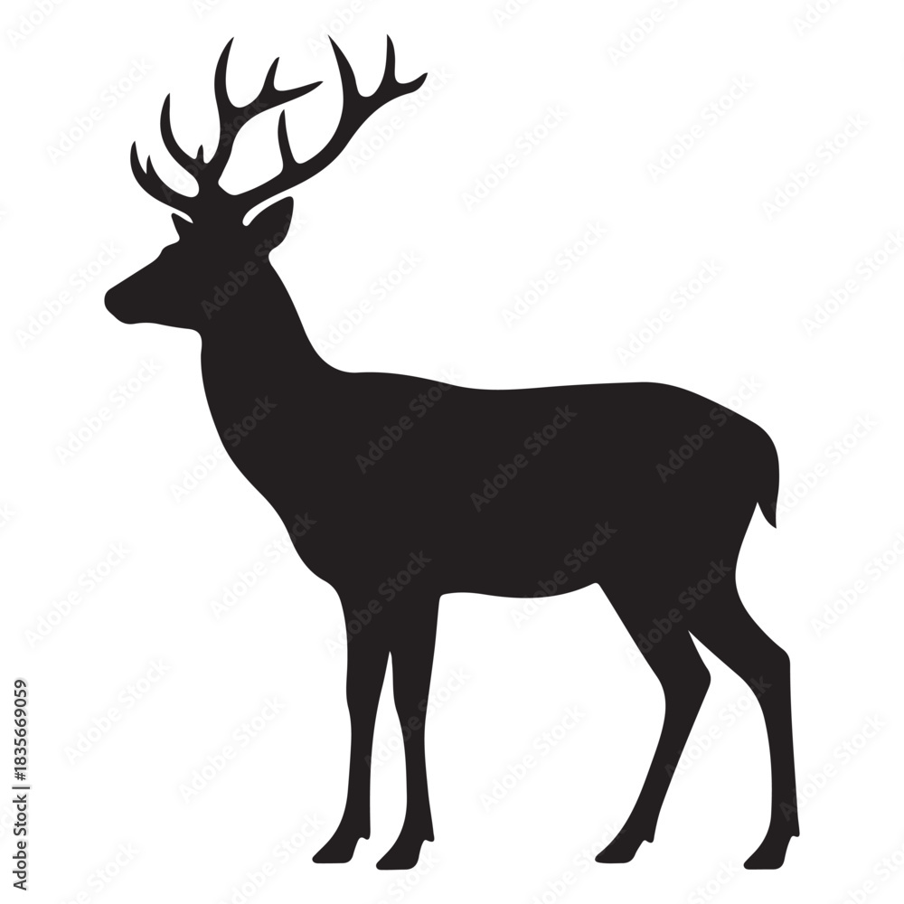 Obraz premium Silhouette of a majestic stag with large antlers standing against a white background