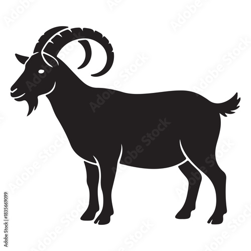 goat, ibex, silhouette, black, animal, wildlife, mammal, horn, horns, curved, male, standing, side, view, profile, farm, livestock, domestic, mountain, capra, bezoar, alpine, wild, vector, graphic, ic