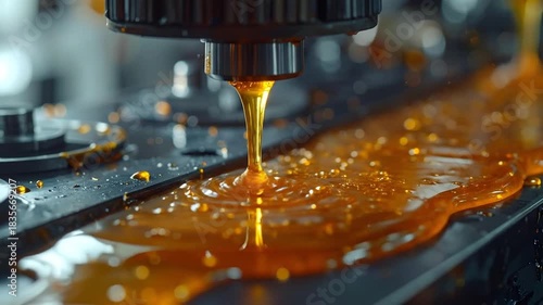 Industrial Machine Lubrication: Oil Pouring on Metal Surface