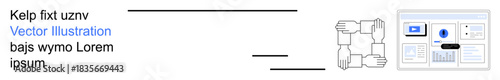 Teamwork, collaboration, digital platforms, unity, mutual support, software interface. Four interlocking hands unity beside a digital interface layout. Teamwork and collaboration