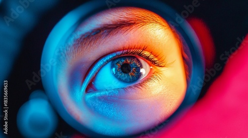 Extreme Close-Up of a Woman Eye Viewed Through Magnifying Glass with Vibrant Neon Lighting , Curiosity Concept
