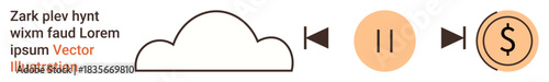 Digital workflows, cloud computing, payment processing, automation, business services, online transactions. Cloud icon, pause button dollar symbol. Cloud computing and payment processing