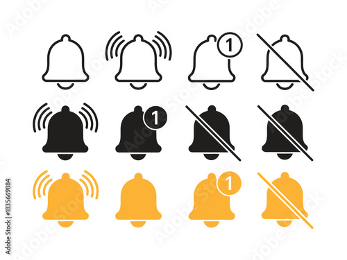 clean set of notification bell icons with ringing, mute, alert, and unread variations, designed for mobile apps, website interfaces, layouts,  elements, and modern digital communication systems.