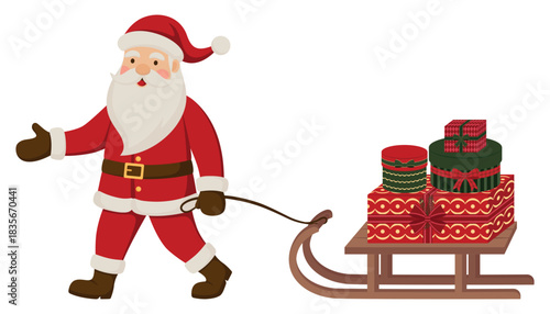 Illustration of Santa Claus pulling a wooden sleigh filled with gifts. Holiday vector flat design isolated on a white background.