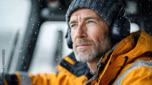Mature man working outdoors in winter snow