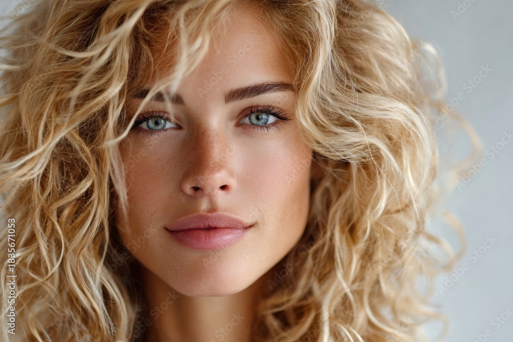 Fototapeta premium Young woman with blonde curly hair looking at camera