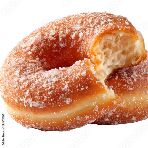 Realistic sugarcoated donut with one bite taken soft fluffy texture inside the bitten area golden brown fried surface with fine sugar granules delicious bakery pastry closeup highdetai