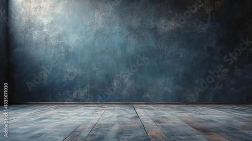 An empty stage set with a dark blue wall and wooden floor.