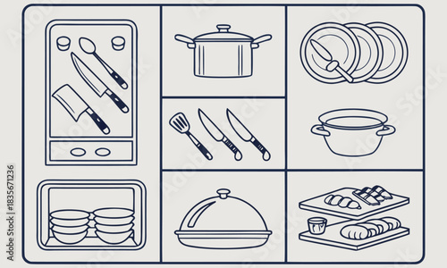 Restaurant food and kitchen utensils icons set