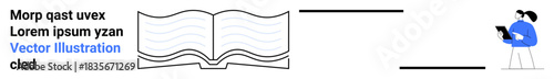 Education, e-learning, technology, digital literacy, reading, online study. Illustration shows an open book and person with tablet. Education and e-learning in design