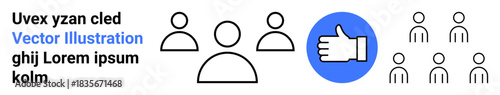 Social media, teamwork, approval, group dynamics, communication, online networking. Minimalist people icons with a thumbs-up symbol. Social media and teamwork