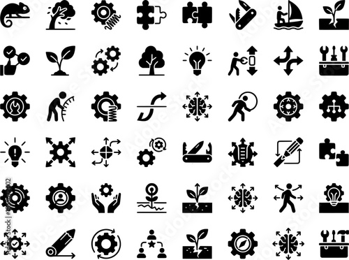 Black Business and Growth Symbol Icon Set: Bold black vector icons illustrating leadership, teamwork, growth, and success. Great for web design, presentations, and business templates.