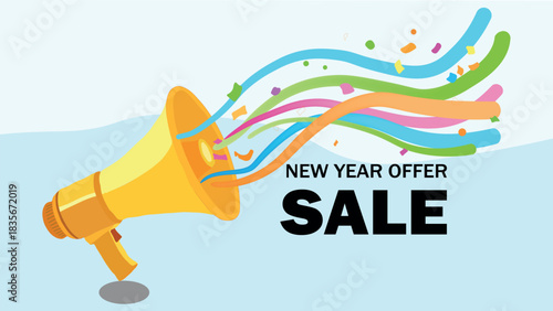 New Year Sale Promotion with Megaphone and Colorful Confetti Design for Marketing Campaigns and Advertising Discounts on Retail Products for Festive Season Sales