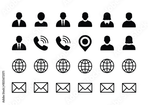 contact us vector icon collection, including phone, message, email, address, and website icons for digital platforms, business branding, app interfaces, and professional designs.