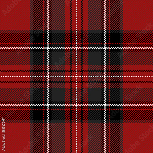 Christmas and new year tartan plaid. Scottish pattern in black, red and white cage. Scottish cage. Traditional Scottish checkered background. Seamless fabric texture. Vector illustration
