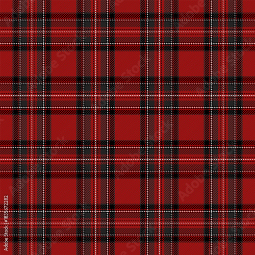 Christmas and new year tartan plaid. Scottish pattern in black, red and white cage. Scottish cage. Traditional Scottish checkered background. Seamless fabric texture. Vector illustration