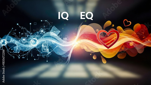 Intelligence and Emotion split: Brain IQ and Heart EQ,  balance and insight concept.