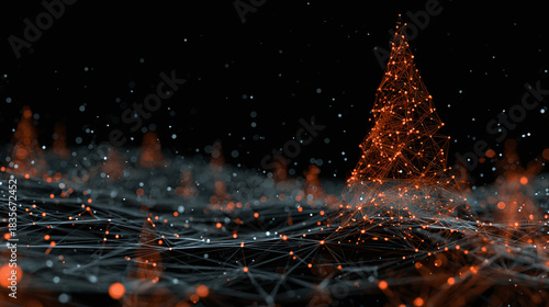 Elegant holiday tree, constructed of luminous nodes and fine lines, stands out against a dark backdrop, radiating festive digital warmth.