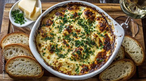 Hot artichoke and cheese dip served with sliced bread and white wine, perfect for sharing during the holiday season. A crowd-pleasing appetizer!