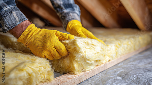 Worker installing insulation in the attic, wearing yellow gloves. Keeping homes comfortable and energy-efficient during winter and summer.