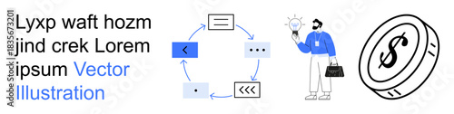 Business planning, decision-making, financial strategy, process improvement, idea development, economic concepts. Circular workflow diagram, dollar coin person holding a light bulb. Business