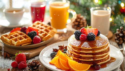 Festive Breakfast Spread with Pancakes Waffles Fruit and Drinks on a Wooden Table