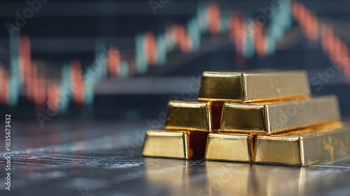 Wallpaper Mural Stack of gold bars against a backdrop of stock market charts. A symbol of wealth, investment, and financial security. Shiny and valuable. Torontodigital.ca