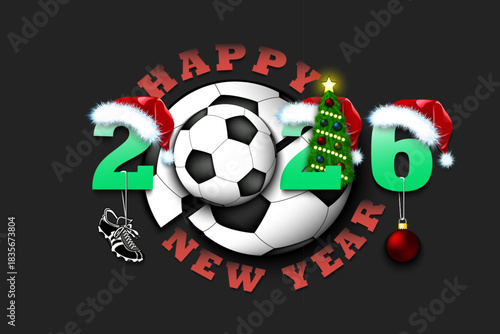 Happy new year. 2026 with soccer ball. Numbers in Christmas hats with football boot and Christmas tree ball. Original template design for greeting card. Vector illustration on isolated background