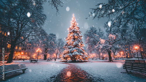 A winter wonderland scene unfolds as snow falls gently around a brightly lit Christmas tree in the center of a snow-covered park, evoking holiday cheer.
