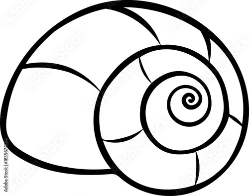 Sketch style spiral seashell in simple black and white line art, doodle illustration representing underwater marine life. Minimalist design for beach themes