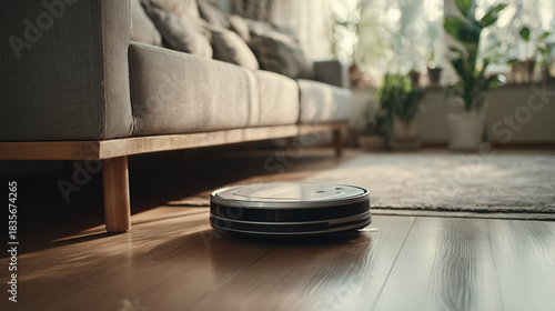 A robotic vacuum cleaner navigates a hardwood floor, promising spotless cleanliness with minimal effort in a sun-drenched living space.